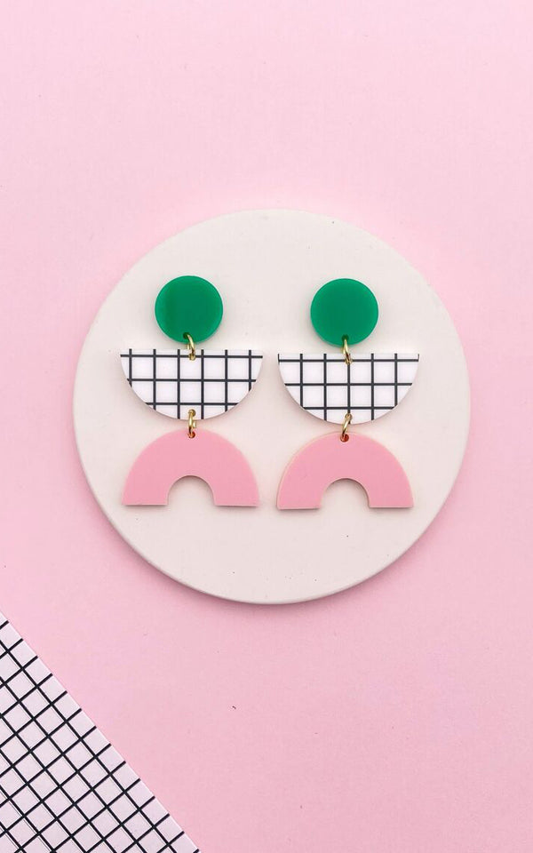 Ronette Earrings Grid Green Pink