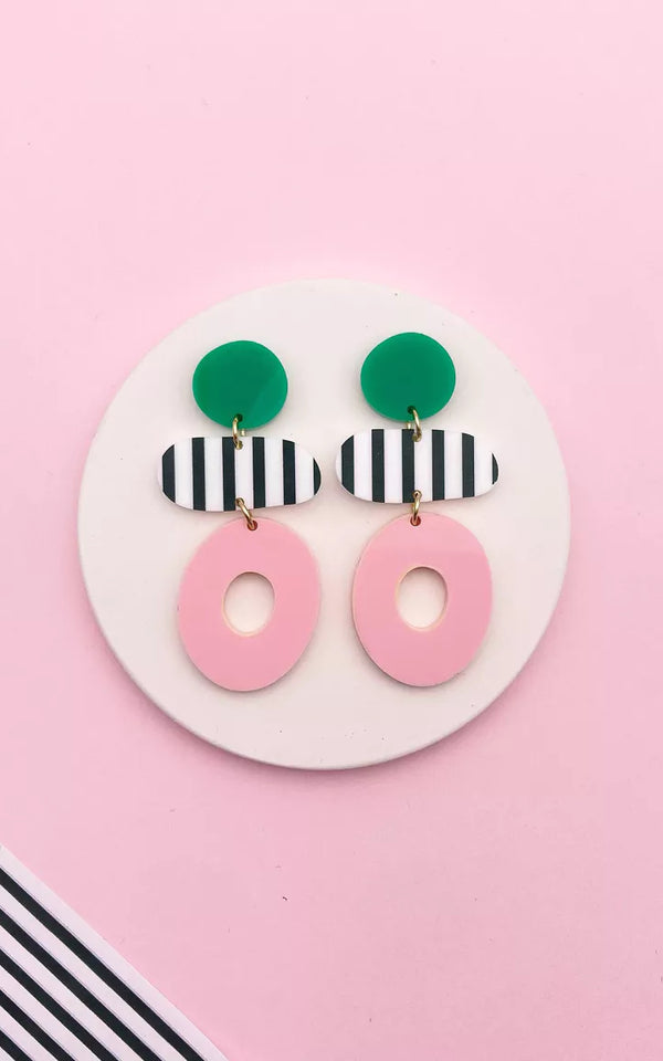 Viviette Earrings Stripes Green Pink